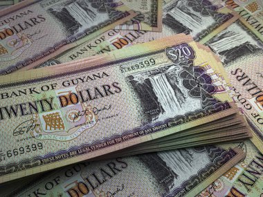 Guyana 'nın parası. Guyanese dolar banknotları. GYD banknotları. 20 dolar. İş, finans, haber geçmişi.