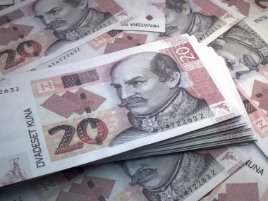 Hırvatistan 'ın parası. Hırvat kuna faturaları. HRK banknotları. 20 euro. İş, finans, haber geçmişi.