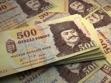 Macaristan 'ın parası. Macar forint faturaları. HUF banknotları. 500 forintok. İş, finans, haber geçmişi.