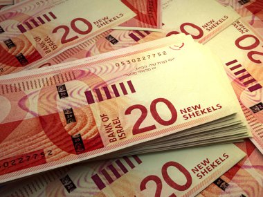 İsrail 'in parası. İsrail 'in yeni şekel paraları. ILS banknotları. 20 şekel. İş, finans, haber geçmişi.