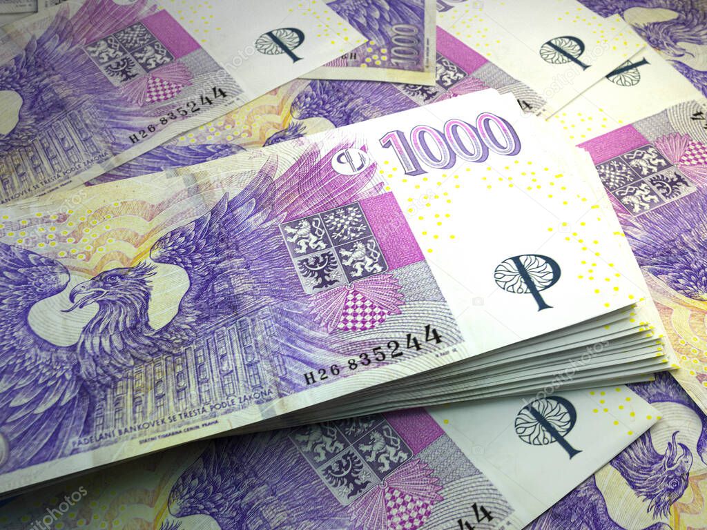 Money of Czech Republic. Czech koruna bills. CZK banknotes. 1000 Kc. Business, finance, news background.