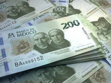 Meksika parası. Meksika pezosu. MXN banknotları. 200 peso. İş, finans, haber geçmişi.