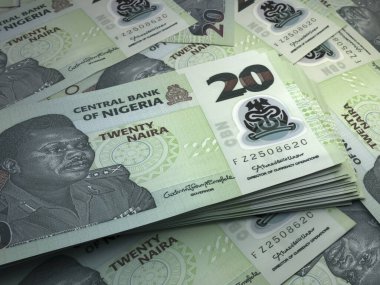 Nijerya 'nın parası. Nijerya naira faturaları. NGN banknotları. 20 polimer. İş, finans, haber geçmişi.
