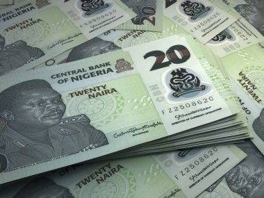 Money of Nigeria. Nigerian naira bills. NGN banknotes. 20 polymer. Business, finance, news background. clipart