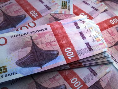 Norveç 'in parası. Norveç kronu faturaları. Tamam, banknotlar. 100 kron. İş, finans, haber geçmişi.