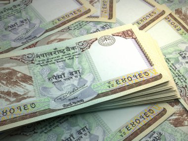 Nepal 'in parası. Nepal Rupisi. NPR banknotları. 10 Rs. İş, finans, haber geçmişi.