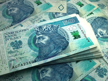 Polonya 'nın parası. Polonyalı zloti faturaları. PLN banknotları. 50 zloti. İş, finans, haber geçmişi.