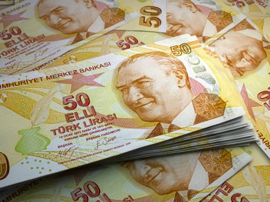 Türkiye 'nin parası. Türk lirası. Banknotları dene. 50 liralar. İş, finans, haber geçmişi.