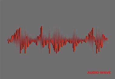 Gri arkaplanda kırmızı müzik dalgası logosu. Dijital ses konsepti. Vektör rengarenk nabız eşitleyici çizimi.