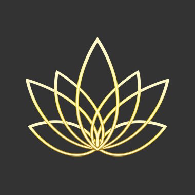 Doğrusal lotus ikonu. Siyah üzerine altın çiçek sembolü. Yoga merkezi, kaplıca, güzellik salonu için fioral etiket. Jpeg İllüstrasyonu