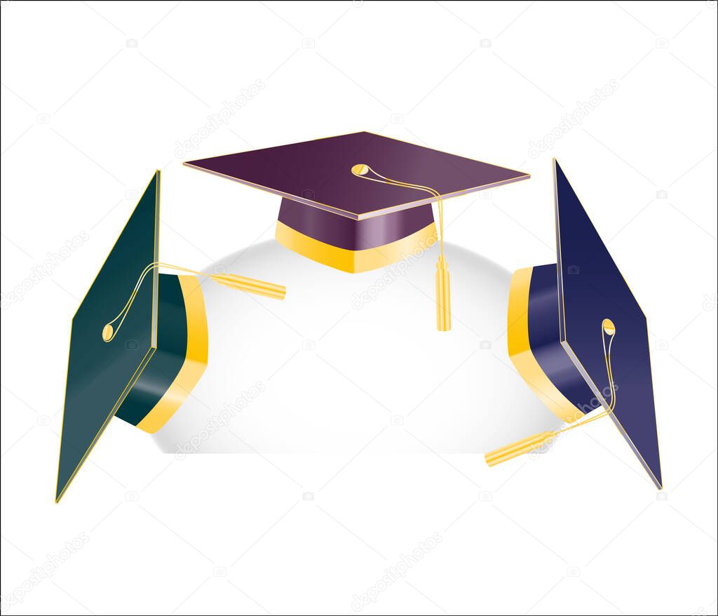 Set of three graduation student hats with golden elements. Jpeg