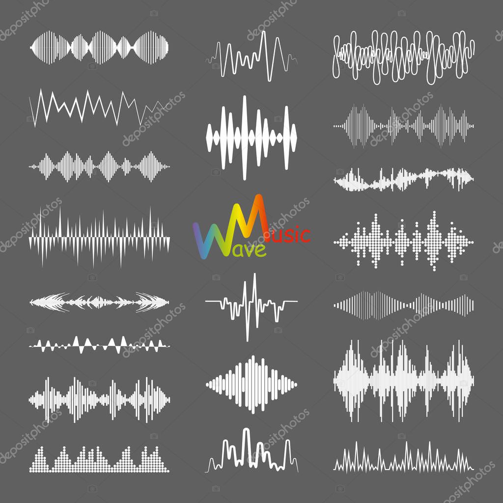 White sound waves logo collection with audio symbols. Modern music equalizer elements set. Digital flat isolated illustration. Vector waveform technology