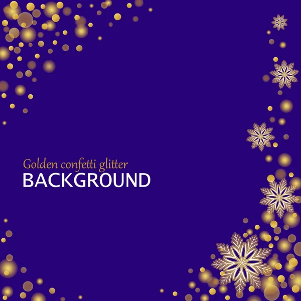 Gouden confetti glitter en sneeuwvlokken achtergrond. Winter magie sprankelende vector illustratie — Stockvector
