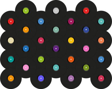 Plak diskleri beyaz üzerine serili pop sanat arka planı. Vinil çalar plağının klasik posteri. Vektör geçmişe dönük müzik şablonu pankartı