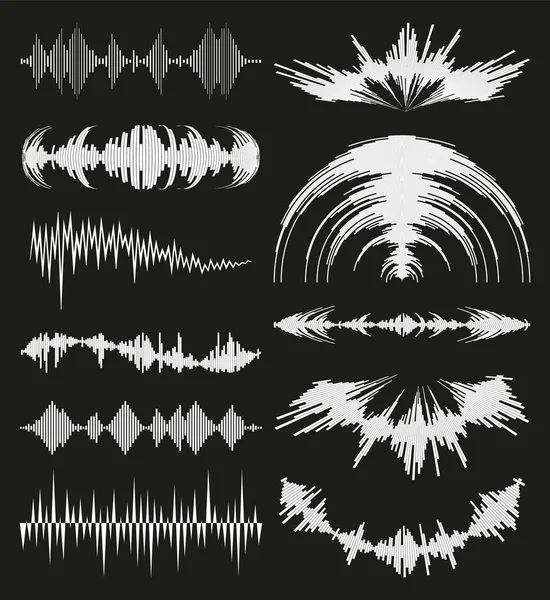 White music waves logo collection with audio symbols on black background. Modern sound equalizer elements set. flat isolated waveform technology jpeg illustration.