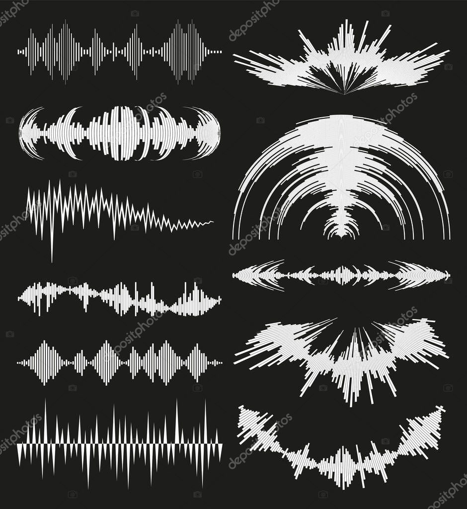 White music waves logo collection with audio symbols on black background. Modern sound equalizer elements set. flat isolated waveform technology jpeg illustration.