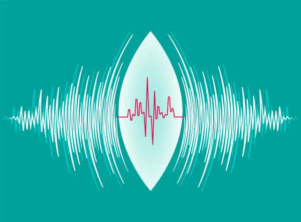 Αφηρημένο τεχνολογικό υπόβαθρο με λευκά ηχητικά κύματα να ταλαντεύονται γύρω από τον καρδιακό παλμό. Ακτινική απεικόνιση μουσικής Jpeg — Φωτογραφία Αρχείου