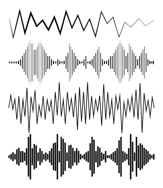 Loghi delle onde sonore nere, simboli audio su sfondo bianco. Set di elementi equalizzatore musica moderna. Jpeg forma d'onda piatto isolato illustrazione — Foto Stock