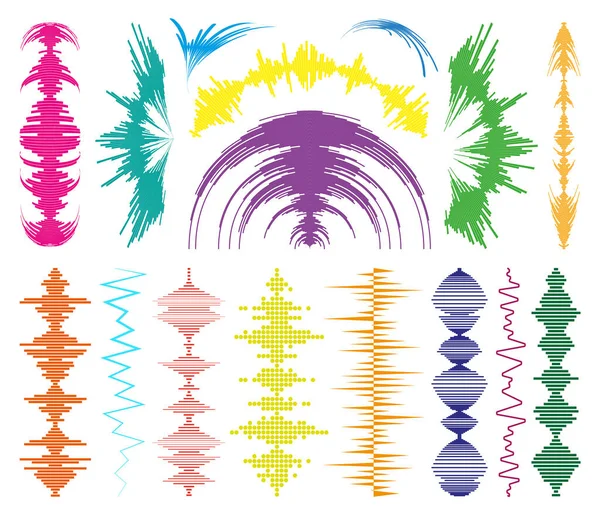 Gran colección de coloridas ondas de música logotipo y símbolos de audio. Conjunto de elementos de ecualizador de sonido de diseño moderno. Plantilla de tecnología de forma de onda de medios digitales. Jpeg. — Foto de Stock