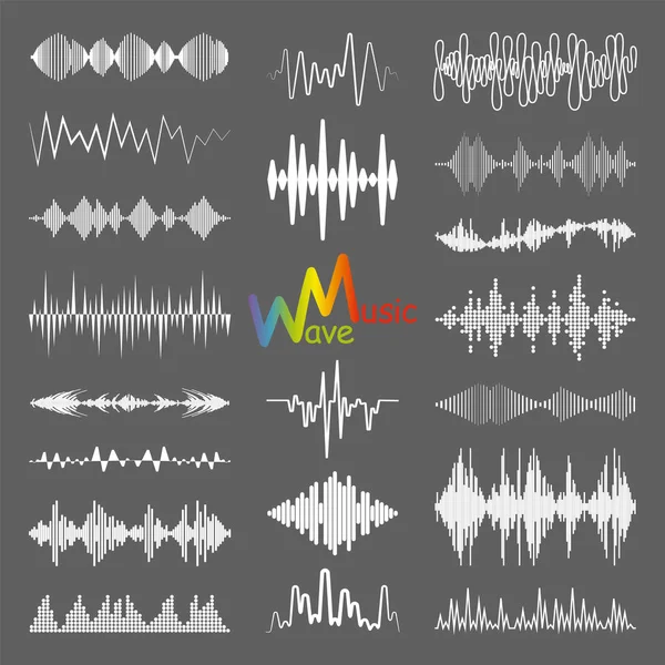 白色声波标志集合与音频符号 现代音乐均衡器元素集 数字平面隔离插图 Jpeg波形技术 — 图库照片