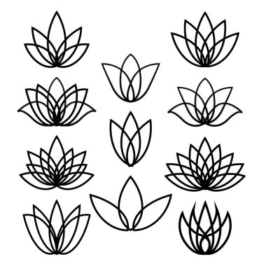 Siyah nilüfer çiçeği ikonu seti. Beyaz üzerine izole çiçek sembolleri çiz. Spa merkezi ya da güzellik salonu için çiçek etiketleri. Jpeg illüstrasyonu.