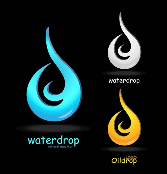 Drops logos set on black background. Droplet logotype idea vector template. Waterdrop, oil or liquid icon used for ecology and healthy firm, cleaning, plumbing or sanitary company — Stock Vector