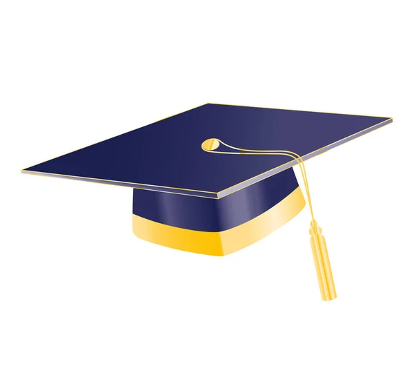 Cappello da studente diplomato. Berretto educazione blu scuro con elementi dorati su sfondo bianco. Jpeg — Foto Stock