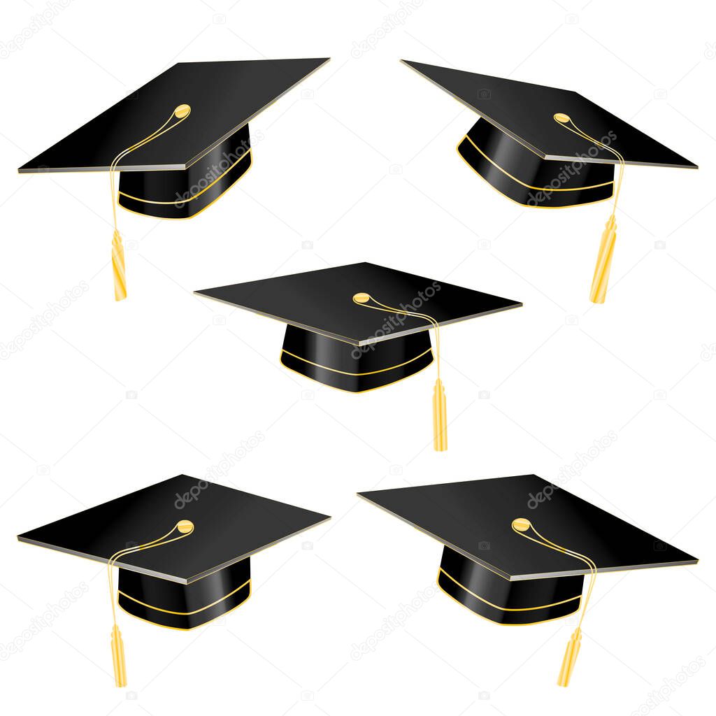 Black Education Cup on white background. Graduation student hat with different inclinations. Jpeg Illustration