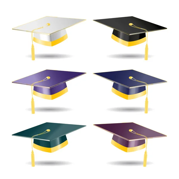 Chapeaux d'étudiant diplômé collection avec des éléments d'or. Ensemble vectoriel de casquettes éducatives de couleur blanche, noire, bleue, violette, verte et betterave sur fond blanc — Image vectorielle