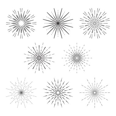 Firework or sunbursts black lines collection. Set of vintage or retro light explosion rays design elements. Abstract burst contour pattern sunrise firecracker starburst. Jpeg illustration