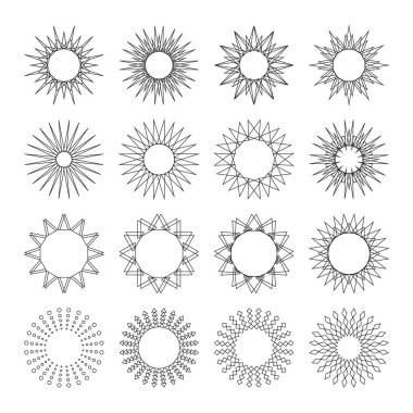 Geometrik şekilli siyah çizgiler güneş koleksiyonu. Şekillendirilmiş güneş ikonları deseni. Eskiz patlaması logo yıldızı, gün doğumu, güneş ışığı. Vector set of vintage, retro veya hipster güneş ışınları tasarım elementleri