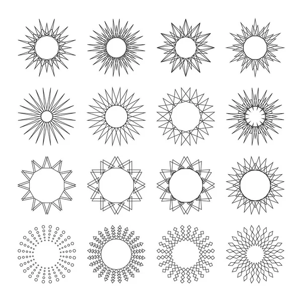 Geometrik şekilli siyah çizgiler güneş koleksiyonu. Şekillendirilmiş güneş ikonları deseni. Eskiz patlaması logo yıldızı, gün doğumu, güneş ışığı. Vector set of vintage, retro veya hipster güneş ışınları tasarım elementleri