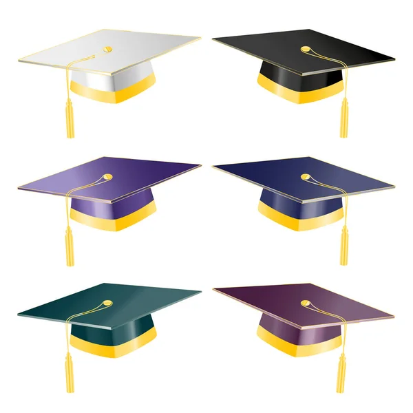 Hutkollektion der Abschlussschüler mit goldenen Elementen. Set aus weißen, schwarzen, blauen, violetten, grünen und roten Mützen auf weißem Grund. Jpeg-Illustration — Stockfoto