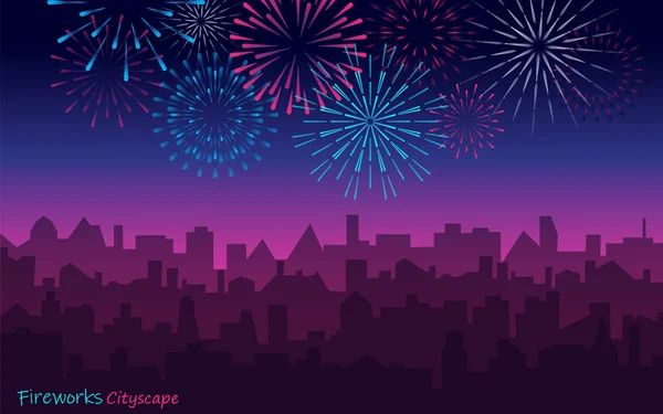 Night cityscape with fireworks. Vector evening landscape with skyscrapers silhouette and bright holiday salute. Urban background with celebrated festive firecracker over town. — Διανυσματικό Αρχείο