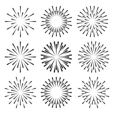 Havai fişek ya da güneş patlamaları siyah koleksiyon. Antika ya da retro ışık patlaması tasarım elementleri. Soyut patlama şekli, güneşin doğuş şekli, havai fişek. Jpeg illüstrasyonu