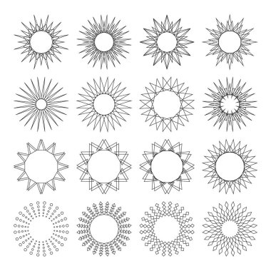 Geometrik şekilli siyah çizgiler güneş koleksiyonu. Jpeg stilize güneş ikonları deseni. Eskiz patlaması logo yıldızı, gün doğumu, güneş ışığı. Vintage, retro veya hipster güneş ışınları dizayn elementleri