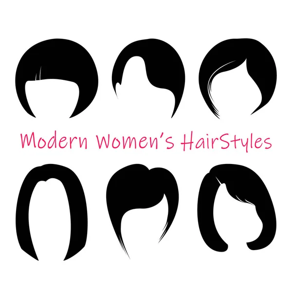 Kvinnor olika trendiga frisyrer set. Platt vektor för långa och korta frisyrer. Svart silhuetter av modern frisyr styling — Stock vektor