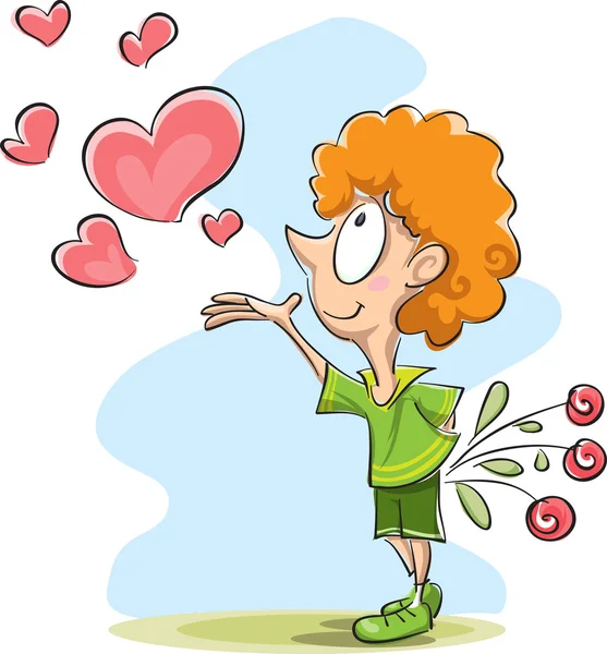 Joven con flores y corazones — Vector de stock