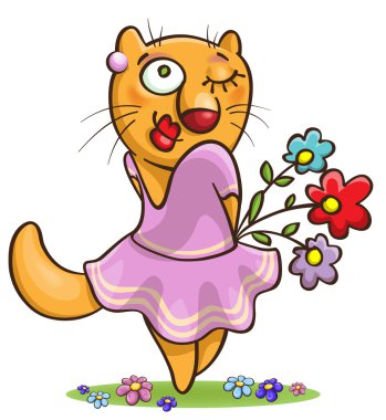 çiçek tutan karikatür kedi