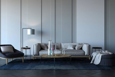 Kanepe ile çağdaş iç içe yeni model fikri 3D görüntüleme.