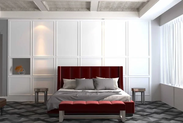 Renderização Quarto Design Interiores Com Molduras Parede Branca — Fotografia de Stock