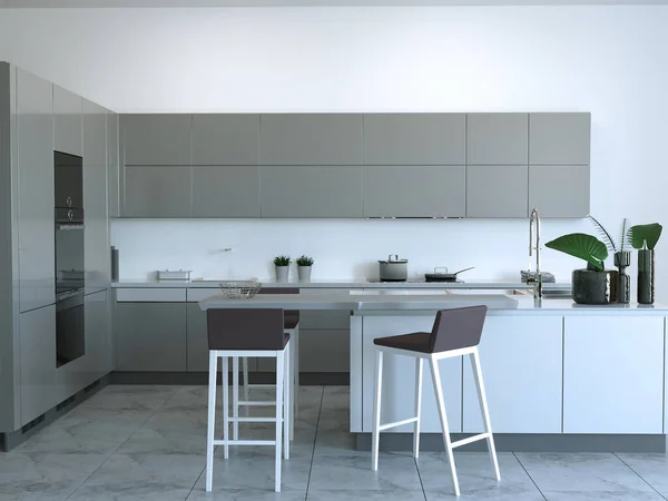 Rendering New Grey Tech Kitchen Interior Marble Tiles Flooring — Stock Photo, Image