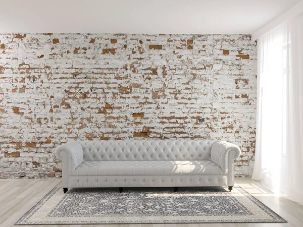 Rendering Ide Atas Interior Dinding Bata Loft Dengan Sofa Putih — Stok Foto