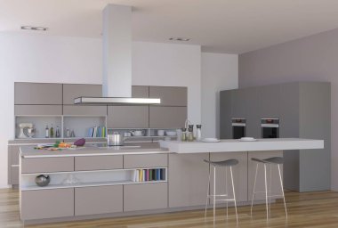 Yeni çağdaş mutfak içinin 3D canlandırması 
