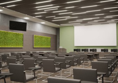 Konferans salonu ya da konferans odası iç tasarımı 3D görüntüleme.