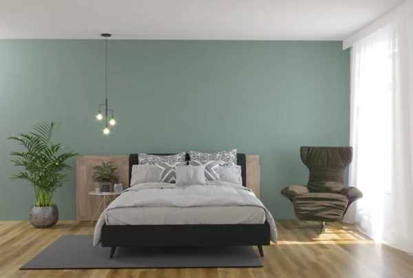 Rendering Van Nieuwe Loft Slaapkamer Interieur Met Groene Muur — Stockfoto