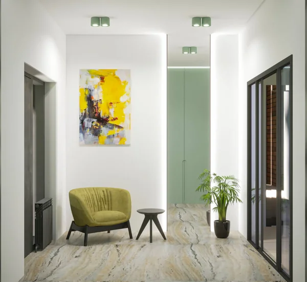 3d rendering of home hall modern interior with mirror amd olive wardrobe