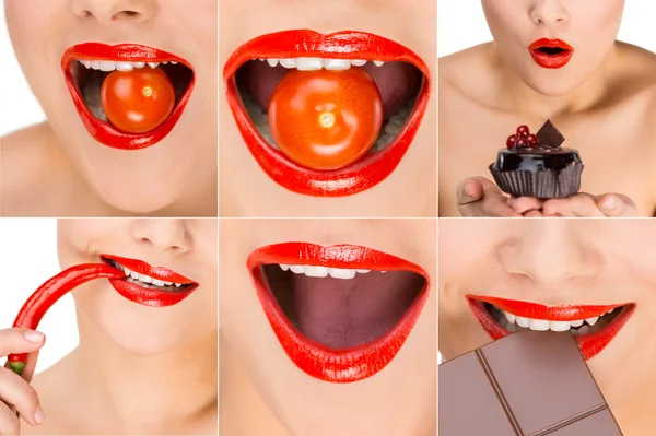 Photo collage of glossy red woman lips