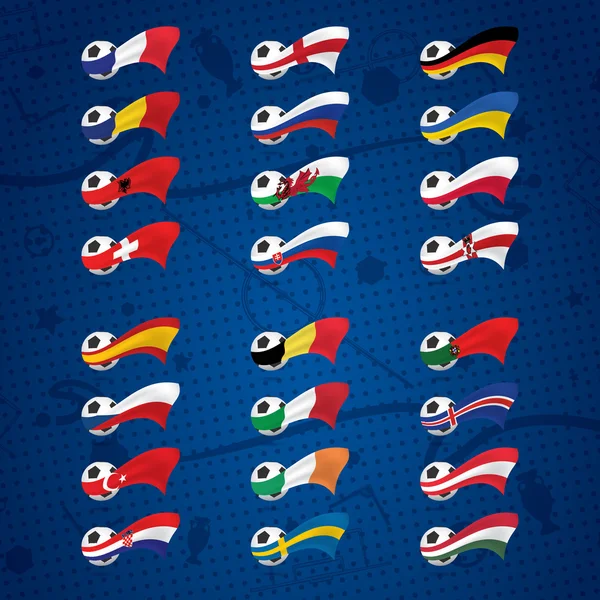 Simgeler veya topları ve Avrupa ülkelerinin bayrakları ile rozetleri.