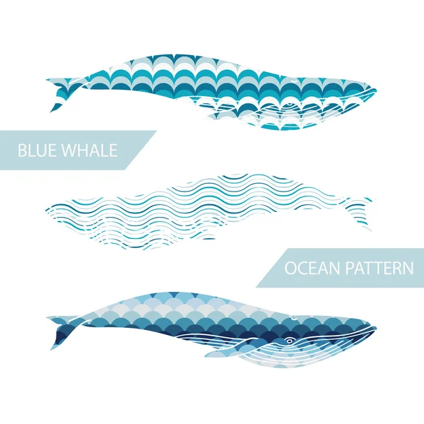 Blue Whale Filled Ocean Pattern On White Background. — Stock Vector